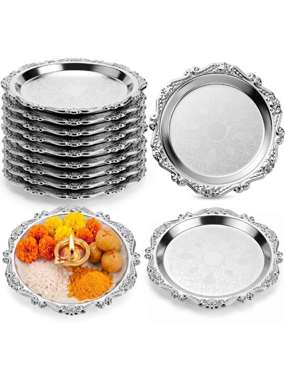 12 Pack Mini Vintage Silver Round Trays for Pooja, Serving, or Decor - 7.9